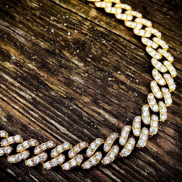 14k GP 9mm Full Stone Cuban Link Necklace 20'' - Picture 3 of 3